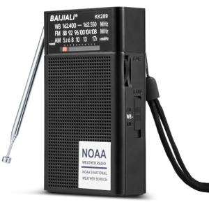 BAIJIALI NOAA Weather Radio with AM/FM, Emergency Portable Radio - Strong Reception, Battery Operated, Headphone Jack for Storms, Hurricanes and Outdoor Activities (Black)
