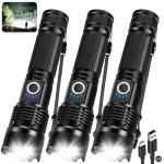 3 Pack Rechargeable Flashlights High Lumens, 990000LM Super Bright LED Flashlight, Adjustable Powerful Flash Light with 5 Modes & USB Cable, Waterproof Handheld Flashlight for Home Camping Outdoor