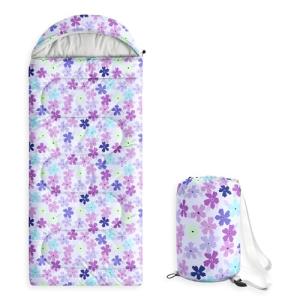 Wake In Cloud - Kids Sleeping Bag for Girls Toddlers, Camping in Warm Cold Weather, Backpacking Lightweight Compact Outdoor Liner for 3 Seasons, Colorful Floral Flowers Leaves, Purple