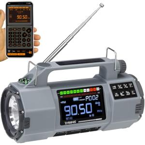 ZHIWHIS Emergency Radio with Bluetooth, Multi-Function Portable Radios with LCD VA Display, FM/MW/SW/VHF/WB Receiver with Alerts, Hand Crank/Solar/USB Charging, 5000mAh for Emergencies ZWS-908(Grey)