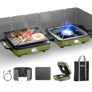 ODSD 2 Burner Camping Stove with Windshield, 20000 BTU Propane Camp Stove, Portable Folding Gas Stove, Camping Essentials Gear Includes Frying Pan, Coffee Stand & Carry Bag, Green