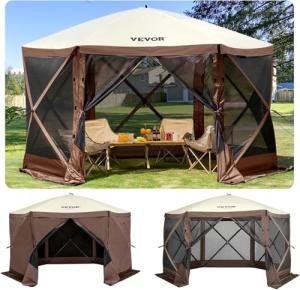 VEVOR 12 * 12ft 6 Sided Pop-up Canopy Shelter Tent with Mesh Windows, Portable Carry Bag, Stakes, Large Shade Tents for Outdoor Camping, Lawn and Backyard, Brown/Beige