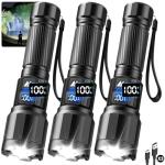 3 Pack Rechargeable Flashlights High Lumens, Super Bright LED Tactical Flashlight with LCD Power Display, Zoomable Flashlights 15H+ Runtime, IP65 Waterproof Flashlights for Home Emergency Camping