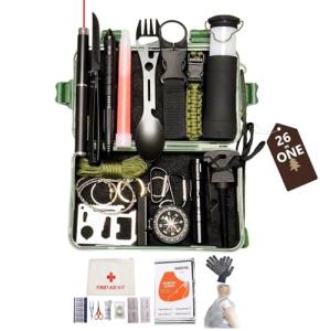 26-in-1 Outdoor Survival Gear Kit with Heavy-Duty Storage Bag, First Aid & Fire Starter – Emergency Tools for Camping Hiking, Gifts for Dad, Husband, Men Women