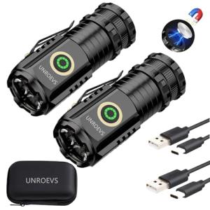 UNROEVS Mini Flashlight 2550 Lumens Rechargeable USB C Charging, Small Flashlights High Lumens 5 Modes, Pocket Flashlight with Clip, Magnetic Flashlight for EDC,Camping, Hiking,Emergency(2 Pack)