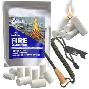 Wallaby Fire Starter Kit - 33 Waterproof Plugs in Metal Tin + Flint Rod Striker Multi-Tool, Pocket Survival Guide, Airtight Mylar Storage Bag – Camping, Emergency, Grill, Fire Pit