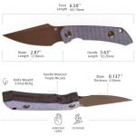 KANSPET Fenrir Fixed Blade Knife, 2.87" Rose Gold Coated Tactical Survival with Purple Micarta Ergonomic Handle, Full Tang and Adjustable Kydex Sheath for EDC Hunting Camping Outdoor for Men G3034A5