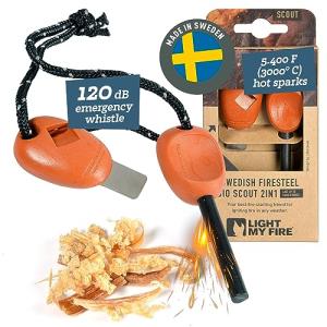 Light My Fire Fire Steel Scout - Magnesium Fire Starter Kit, 3000 Strikes, Waterproof, Bushcraft Gear, Emergency Survival Tool with Whistle & Cord