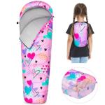 FIOBEE Kids Sleeping Bag for Girls Boys 3 Season Warm & Cool Weather 41-60.8℉ Camping Sleeping Bags with Backpacking Bag for Traveling Hiking Indoor Outdoor Camping Essentials Gear, Pink Love