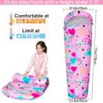 FIOBEE Kids Sleeping Bag for Girls Boys 3 Season Warm & Cool Weather 41-60.8℉ Camping Sleeping Bags with Backpacking Bag for Traveling Hiking Indoor Outdoor Camping Essentials Gear, Pink Love