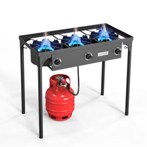ROVSUN 3 Burner Propane Gas Stove, 225,000 BTU High Pressure Outdoor Camping Burner with CSA Listed Regulator, Picnic Cooker Perfect for Home Brewing Maple Syrup Patio Turkey Frying Canning