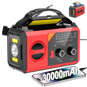 30000mAh Hand Crank Emergency Radio - Solar Portable Weather Radio AM FM NOAA with 3 Mode Flashlight & Reading Lamp, Headphone Jack, Cell Phone Charger, SOS for Emergency, Red