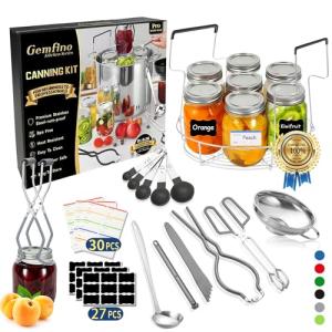 Gemfino Canning Supplies Starter Kit with Canning Rack,Canning Kit for Beginners 11 Pcs, Jar Lifter, Funnel, Wrench, Tongs, Lid Lifter, Bubble Popper, Labels, Ladle, Measuring Spoon - Gray