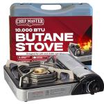 Chef Master 90011 Butane Countertop Stove ONLY, Portable Camping Stove 10,000 BTU Output Brass Burner, Piezo Ignition Portable Stove with High-Impact Carry Case for Emergency Use & Outdoor Cooking