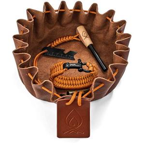 Texas Bushcraft Fire Starter Survival Kit - Ferro Rod Flint Fire Steel, Striker Tool | Cowhide Leather Tinder Bag | Emergency Paracord Bracelet Camping Gear (Burnt Orange, L)