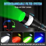 ULTRAFIRE T6 Red Green Hunting Light, 1800 Lumens 600 Yards Long Range Predator Flashlight for Coyote Varmint, High Power LED Night Hunting Gear with Picatinny Mount & Pressure Switch (RGB Filters)