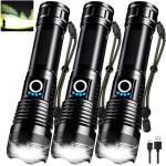 3 Pack Rechargeable LED Flashlights High Lumens, 90,000LM Super Bright Flashlight, Adjustable 5 Modes Powerful Flash Light with USB Cable, Waterproof Handheld Flashlight for Home Camping Emergencies