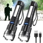 Rechargeable LED Flashlights, 90,000 Lumens Super Bright Handheld FlashLight, 7 Modes with COB Work Light, IPX6 Waterproof, Adjustable Tactical Flash light for Home,Camping and Emergencies-2 Pack