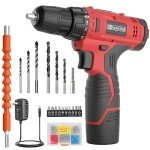 FADAKWALT Cordless Drill Set,12V Power Drill Set with Battery and Charger, Electric Driver/Drill Bits, 3/8'' Keyless Chuck,21+1 Torque Setting, 180 inch-lbs, with LED Electric Drill Set (Red)