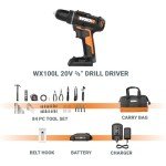 Worx 20V 3/8" Cordless Drill with 84pc Accessory Kit, Variable 2-Speed Drill Set 265 In-Lbs Torque 20+1 Clutch, Lightweight Compact Drill Driver 3/8-Inch Keyless Chuck – Battery & Charger Included