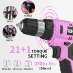 FADAKWALT Cordless Drill Set, 20V Electric Power Drill with Battery And Charger, Torque 30N, 21+1 Torque Setting, 3/8-Inch Keyless Chuck, Drill Driver Bits Kit, with LED Electric Drill Set. （Pink)