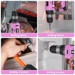 FADAKWALT Cordless Drill Set, 20V Electric Power Drill with Battery And Charger, Torque 30N, 21+1 Torque Setting, 3/8-Inch Keyless Chuck, Drill Driver Bits Kit, with LED Electric Drill Set. （Pink)