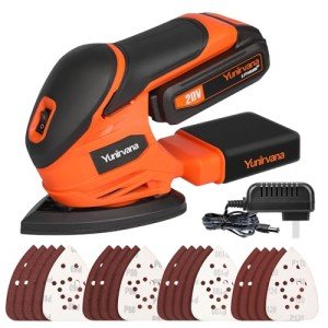 Yunirvana 20V 1.3Ah Cordless Sander, Detail Sanders, 20Pcs Sandpapers,12000 RPM Sanders with Dust Collection System for Tight Spaces Sanding in Home Decoration, Battery and Charger Included