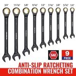 WORKPRO 9-Piece Anti-Slip Ratcheting Combination Wrench Set, SAE 1/4"-3/4", 72-Teeth, Cr-V Constructed, Black Ratchet Wrenches Set with Roll Up Pouch
