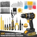 Compact Brushless Power Drill Set,60N.m Cordless Drill Tool Box with 2 Battery & 3/8”Keyless Metal Self-locking Chuck,138Pcs Men Handheld Tool Drill Set,Taladro Inalámbrico for Home Repair Set Drill