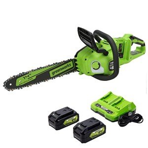 Greenworks 48V (2 x 24V) 14" Brushless Cordless Chainsaw (Great For Tree Felling, Limbing, Pruning, and Firewood / 125+ Compatible Tools), (2) 4.0Ah Batteries and Dual Port Rapid Charger Included