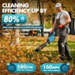 Leaf Blower Cordless - 580CFM/160MPH & 3 Speed Levels Electric Leaf Blower with 2 x 4.0Ah Battery and Charger, Extension Tube Blower for Lawn Care, Yard, Garage, Blowing Leaves, Dust or Snow, Blue