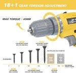 Jar-Owl 21V Cordless Drill, 350 in-lb Torque, 0-1350RMP Variable Speed, 10MM 3/8'' Keyless Chuck, 18+1 Clutch, 1.5Ah Li-Ion Battery & Charger for Home Tool Kit - Yellow
