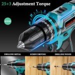 21V Cordless Drill with 2-Battery and Charger, Electric drill Set, Power Drill Cordless with 3/8 Inch Keyless Chuck, 25+ 3 Clutch,Work Light, Max torque 45Nm, 2-Variable Speed