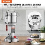 VEVOR 300g Electric Grain Mill Grinder, High Speed 1500W Commercial Spice Grinders, Stainless Steel Pulverizer Powder Machine, for Dry Grains Spices Cereals Coffee Corn Pepper, Straight Type