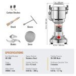VEVOR 300g Electric Grain Mill Grinder, High Speed 1500W Commercial Spice Grinders, Stainless Steel Pulverizer Powder Machine, for Dry Grains Spices Cereals Coffee Corn Pepper, Straight Type