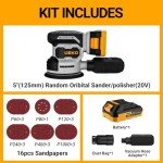 Cordless Orbital Sander: DEKOPRO 20V Random Orbit Sander, 5inch Power Palm Sander Electric Sanders Tool with Battery, Charger, Dust Collector, 16 Pcs Sanding Discs for Woodwroking