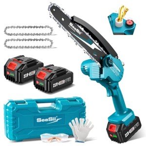 Seesii Mini Chainsaw 8-inch, Mini Chainsaw Cordless Tool Set, Battery Chainsaw with 2x 4.0Ah Batteries, Handheld Electric Power Chain Saw with Oiler, Safety Lock for Tree Trimming,Wood Cutting