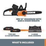 Worx 40V 12" Cordless Chainsaw Power Share with Auto-Tension - WG381 (Batteries & Charger Included)