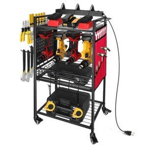 ElecVoztile Garage Power Tool Organizer Cart with Charging Station, Floor Stand Rolling Drill Holder and Tool Battery Storage Cart on Wheels, 3-Layer Utility Rack Shelf with 8 Outlet Power Strip (Red)
