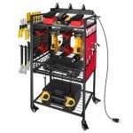 ElecVoztile Garage Power Tool Organizer Cart with Charging Station, Floor Stand Rolling Drill Holder and Tool Battery Storage Cart on Wheels, 3-Layer Utility Rack Shelf with 8 Outlet Power Strip (Red)