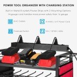 ElecVoztile Garage Power Tool Organizer Cart with Charging Station, Floor Stand Rolling Drill Holder and Tool Battery Storage Cart on Wheels, 3-Layer Utility Rack Shelf with 8 Outlet Power Strip (Red)