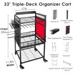ElecVoztile Garage Power Tool Organizer Cart with Charging Station, Floor Stand Rolling Drill Holder and Tool Battery Storage Cart on Wheels, 3-Layer Utility Rack Shelf with 8 Outlet Power Strip (Red)