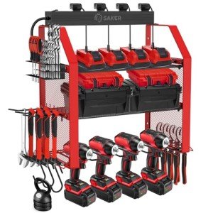 Saker Power Tool Organizer Wall Mount, Power Tool Organizer with Charging Station, 3-Layer, 8 Outlets, 4 Drill Holders, 3 Hooks, Drill Bit Rack, Screwdriver Rack for Garage, Workshop, Home
