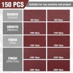 WORKPRO 150-piece Sanding Discs Set - 5-Inch 8-Hole Sandpaper 10 Grades Include 60, 80, 100, 120, 150,180, 240, 320, 400, 600 Grits for Random Orbital Sander(Not for Oscillating Tools or Mouse Sander)