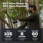 Greenworks 24V 6" Brushless Mini Chainsaw, Small Cordless Handheld Saw, 2.0Ah Battery and Charger Included