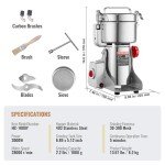 VEVOR 1000g Electric Grain Mill Grinder, High Speed 3000W Commercial Spice Grinders, Stainless Steel Pulverizer Powder Machine, for Dry Grains Spices Cereals Coffee Corn Pepper, Swing Type