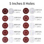 100PCS 5 Inch 8 Holes Sanding Discs 60 120 240 400 600 800 1000 1200 1500 2000 Grit Sandpaper Sander Round Sand Paper (100pcs 60-2000 grit)