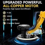 1250W Drywall Sander, 11.5A Electric Drywall Sander with Vacuum Dust Collection, 5 Variable Speed 800-1800RPM, Popcorn Ceiling Removal Tool with Extendable Handle, LED Light, 18pcs Sanding Discs