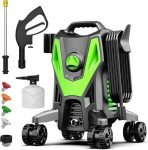 QIOMALA Electric Pressure Washer, 4500 PSI 3.0 GPM High Pressure Cleaning Machine with 35 FT Power Cord, 20 FT Hose, Foam Cannon, 4 Nozzles,Easy Store for Car/Garage/Patio, Green/Small