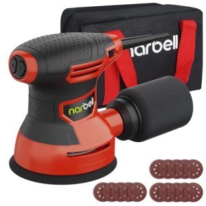 Narbell Orbital Sander 3.2A (380W) with Bag, 14000RPM Max 6 Variable Speeds Random Orbit Sander, 5" Palm Sander Tool with 15pcs Sanderpapers, Dust Bag for woodworking, Red